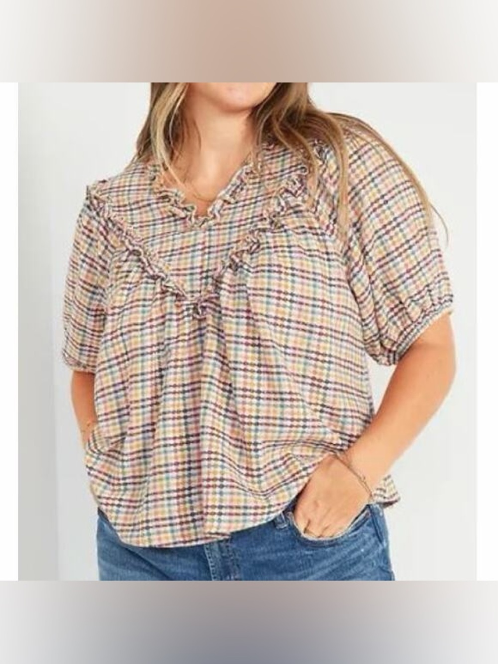 Old Navy Oversized Short Sleeve Ruffled Dobby Gingham Blouse Size XL‎